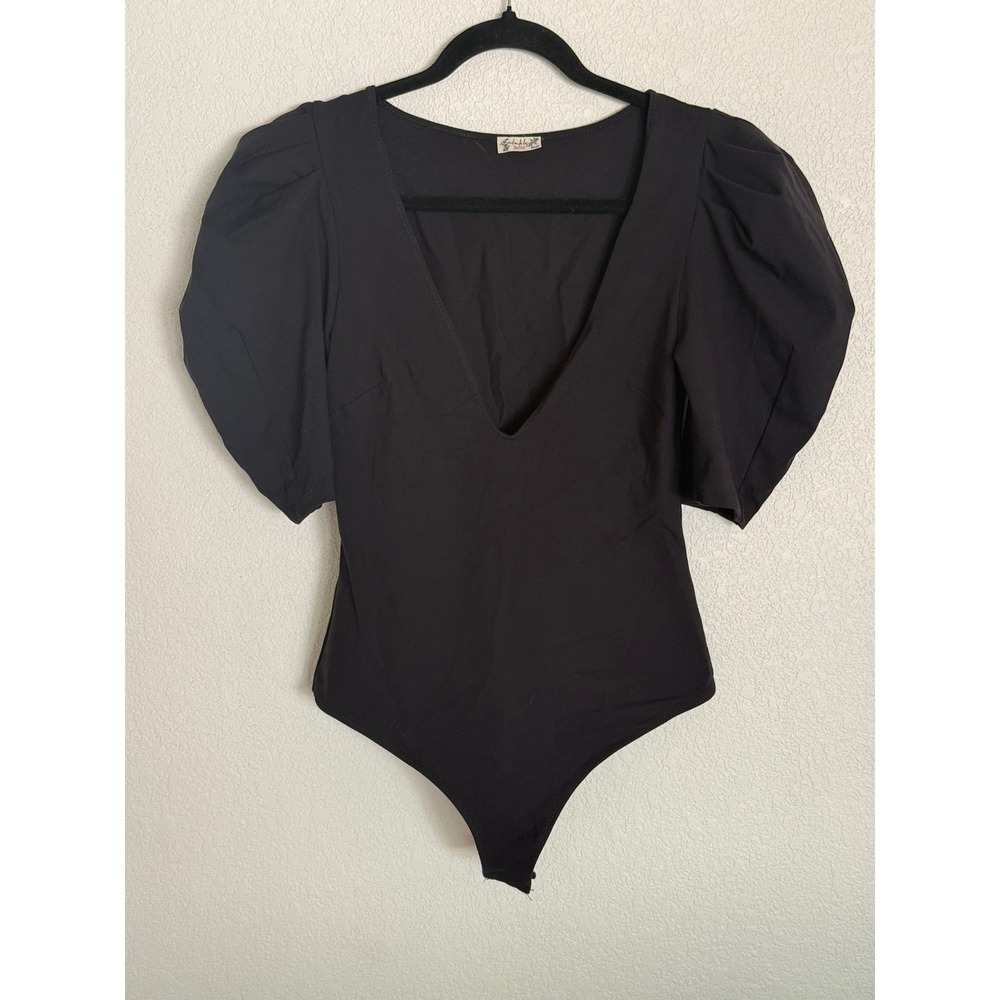 Free People Intimately Black Puff Sleeve Deep V-Neck Thong Bodysuit Small
